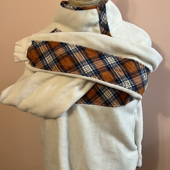 Entro cream Fleece Pullover Sweater rust and blue Plaid Accents Cabincore Size L - Picture 4 of 7
